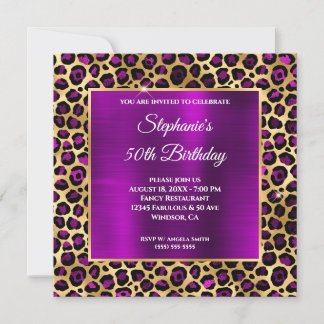 Gold und Magenta Lila Leopard Glam 50. Geburtstag Einladung
