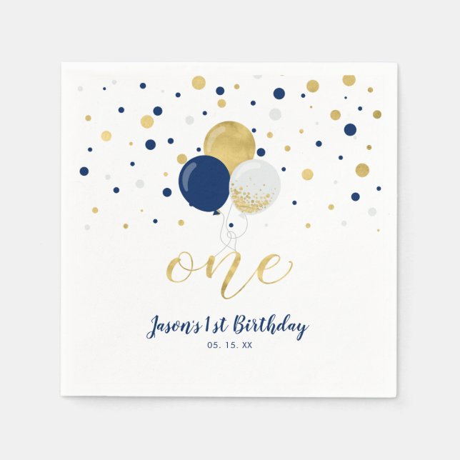 Gold und Marine | Balloons, Confetti Junge 1. Gebu Serviette (Vorderseite)
