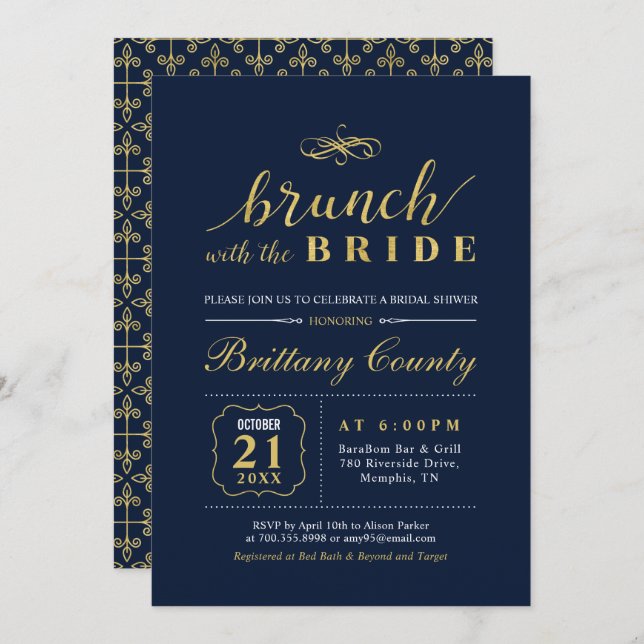 Gold und Marine | Elegant Wedding Bridal Brunch Du Einladung (Vorne/Hinten)