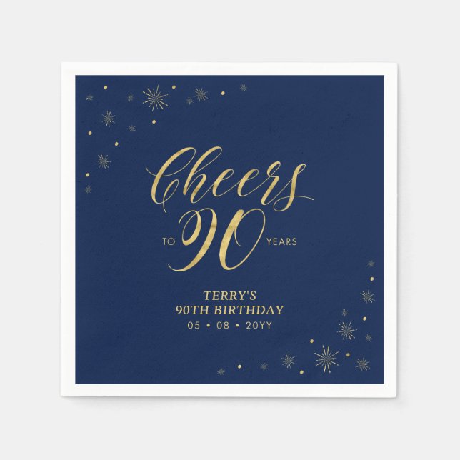 Gold und Marine | Modern Cheers 90. Geburtstagspar Serviette (Vorderseite)