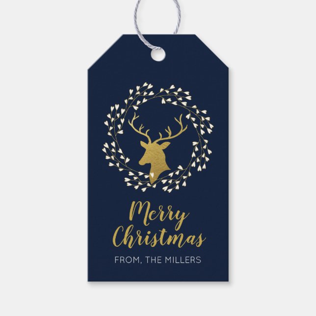Gold und Marine | Modern Deer Frohe Weihnachtsgesc Geschenkanhänger (Vorderseite)