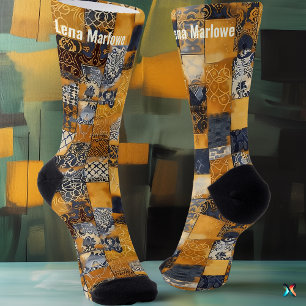 Gold- und Marineblaue Fliesen-Patchworkarbeit – In Socken
