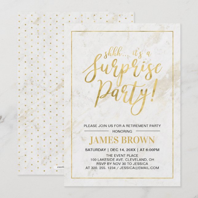Gold und Marmor | Modern Surprise Retirement Party Einladung (Vorne/Hinten)