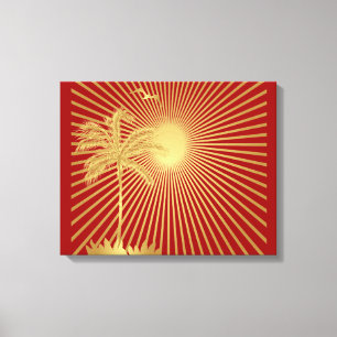Gold und Maroon Palm Tree, Sun und Bird Leinwand