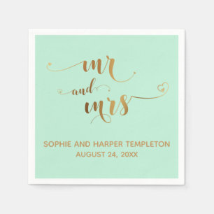 Gold und Mint Herr und Frau Kalligrafie mit Herzen Serviette