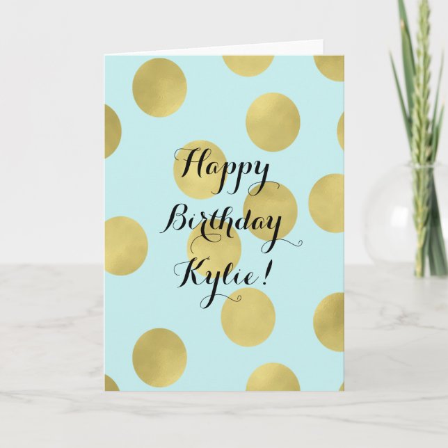 Gold und Minze Blue Dots Geburtstag Personalisiert Karte (Vorderseite)