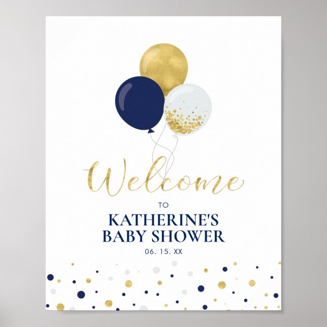 Gold und Navy | Baby-Dusche Willkommen Poster (Vorne)
