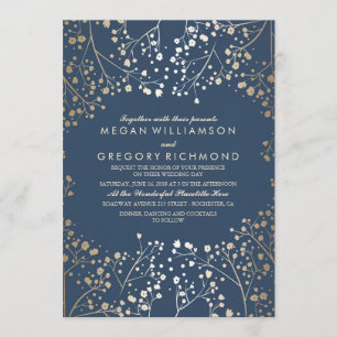 Gold- und Navy-Babys-Breath-Blumenmoderne Hochzeit Einladung