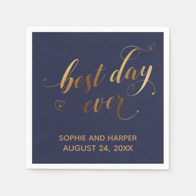 Gold und Navy Best Day Ever, Kalligraphie mit Herz Serviette (Vorderseite)