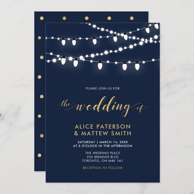 Gold und Navy Blue | Chic Modern Wedding Zeremonie Einladung (Vorne/Hinten)