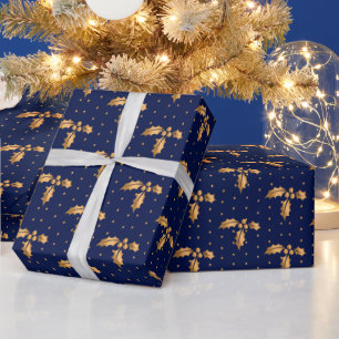 Gold und Navy Blue Christmas Holly Geschenkpapier