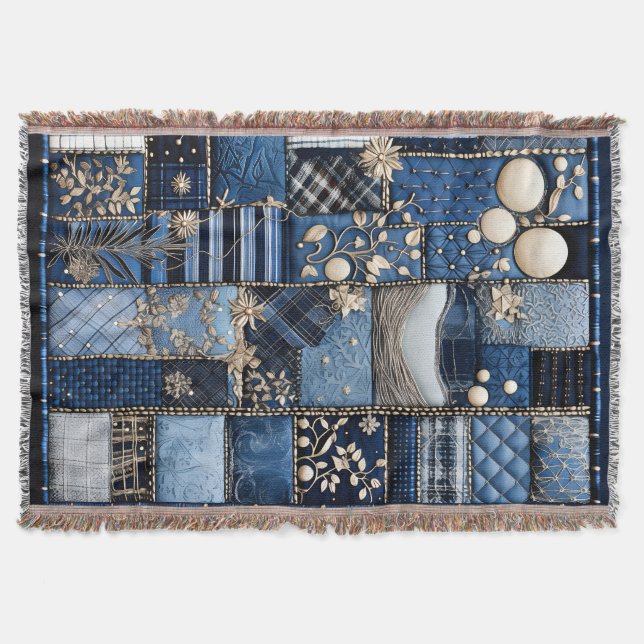 Gold und Navy Blue Light Blue Denim Look Decke (Vorderseite)