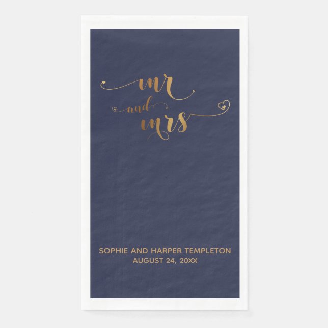 Gold und Navy Blue Mr. und Mrs. Calligraphy w Hear Serviette (Vorderseite)
