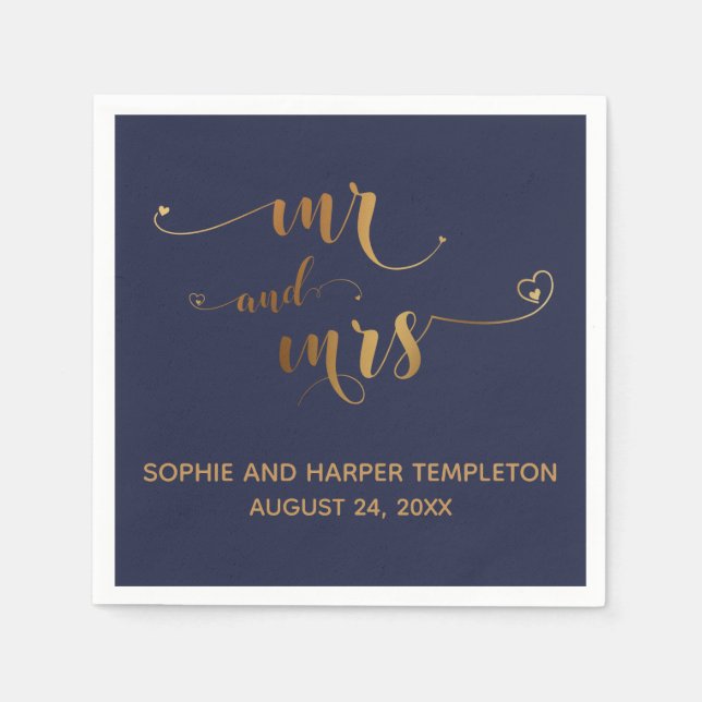 Gold und Navy Blue Mr. und Mrs. Calligraphy w Hear Serviette (Vorderseite)