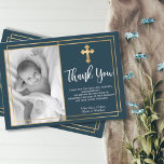Gold und Navy Blue Taufe Foto Vielen Dank Karten<br><div class="desc">Einfaches, elegantes marineblaues Foto mit Taufe und Taufe. Vielen Dank an Familie und Freunde mit dieser modernen personalisierten Dankeschön an religiöse Flachkarte. Es enthält ein handgeschriebenes Skript "Danke", um doppelte Imitate goldenen Rahmen auf marinischem Hintergrund. Dieses moderne schöne Foto danke Ihnen Karte wird auch perfekt für Taufe / Taufen /...</div>