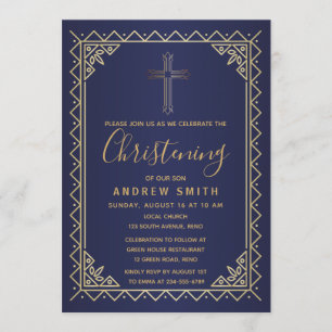 Gold- und Navy-Vintag-Kalligrafie-Christening Einladung