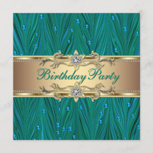 Gold- und Pfauen-Teal-Blue-Geburtstagsfeier Einladung