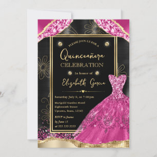 Gold- und Pink-Glitter-Kleid Quinceanera Einladung