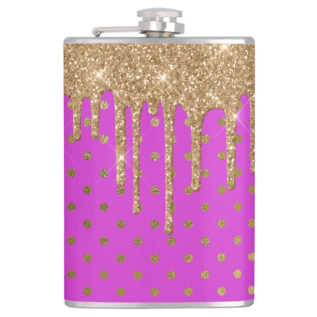 Gold und Pink Polka Dot Flask Flachmann (Vorderseite)