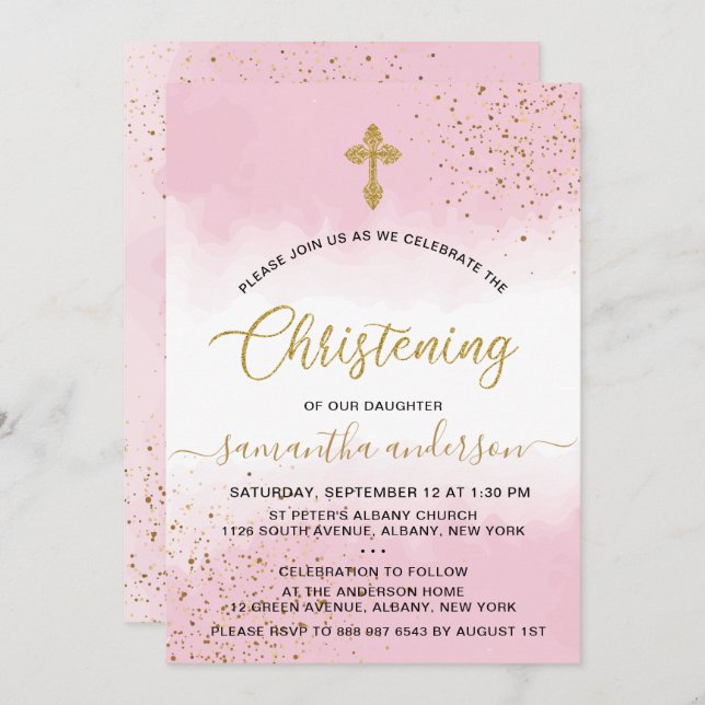 Gold und Pink Watercolor Girls Christening Einladung (Vorne/Hinten)