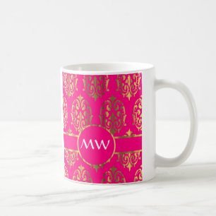 Gold und pinkfarbenes rosa Damastmuster Kaffeetasse