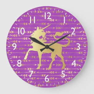 Gold- und Purpur-Boheme-Muster und Einhorn Große Wanduhr