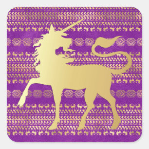 Gold- und Purpur-Bohemian-Muster und Einhorn Quadratischer Aufkleber