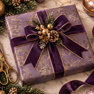 Gold- und Purpur-Damask-Faux-Velours-Weihnachten Geschenkpapier