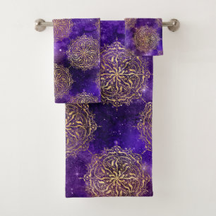 Gold- und Purpur-Galaxie-Dharma-Mandala-Muster Badhandtuch Set