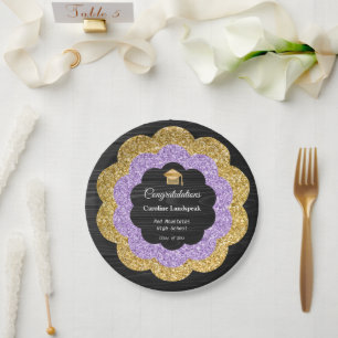 Gold- und Purpur-Glitter-Blumen-Abschlusstag Pappteller