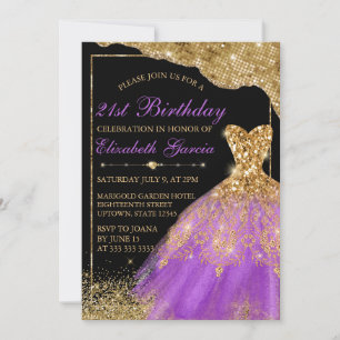 Gold- und Purpur-Glitter-Kleid 21. Geburtstag Einladung