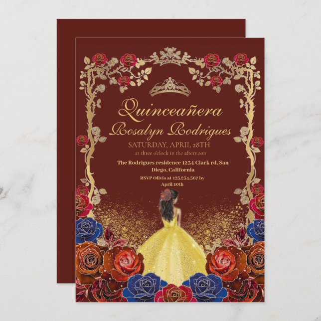 Gold und Red Burgund Quinceanera Beauty und beste Einladung (Vorne/Hinten)
