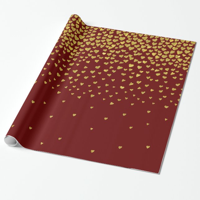 Gold und Red Confetti Herz Geschenkpapier (Ungerollt)