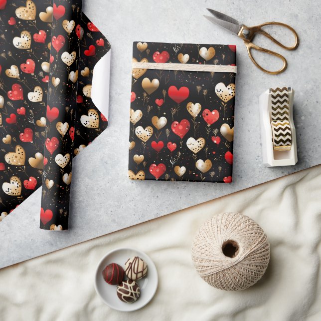 Gold und Red Hearts auf Black Luxury Geschenkpapier (Kunsthandwerk)