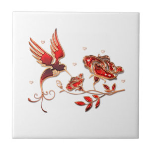 Gold und Red Jewel Bird und Rose Keramik Tile Fliese