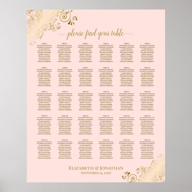 Gold und Rosa 30 Tabelle Hochzeitstabelle Poster (Vorne)
