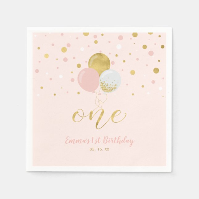 Gold und Rosa | Ballons, Confetti Girl 1. Geburtst Serviette (Vorderseite)