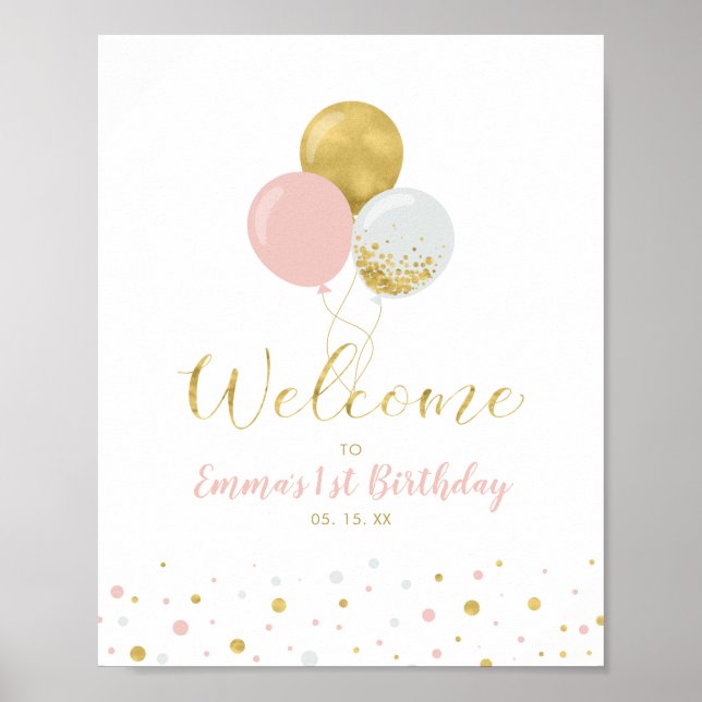 Gold und Rosa Ballons | Mädchen 1. Geburtstag Will Poster (Vorne)