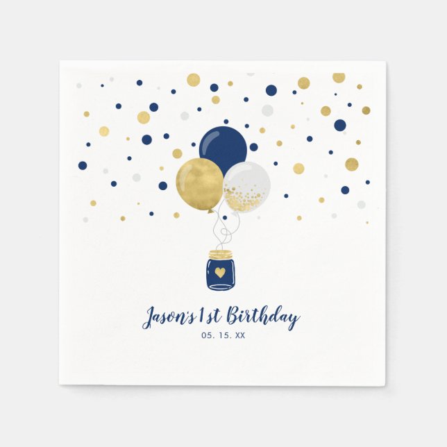 Gold und Rosa | Balloons & Confetti Boy Geburtstag Serviette (Vorderseite)