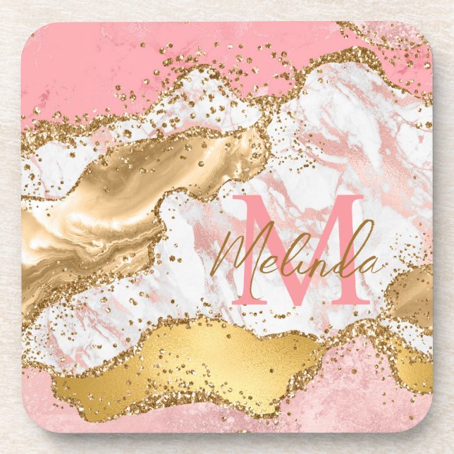 Gold- und rosa Pailletten Achat Getränkeuntersetzer (Vorderseite)