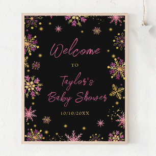 Gold- und rosa Schneeflocken-Baby-Shower-Willkomme Poster
