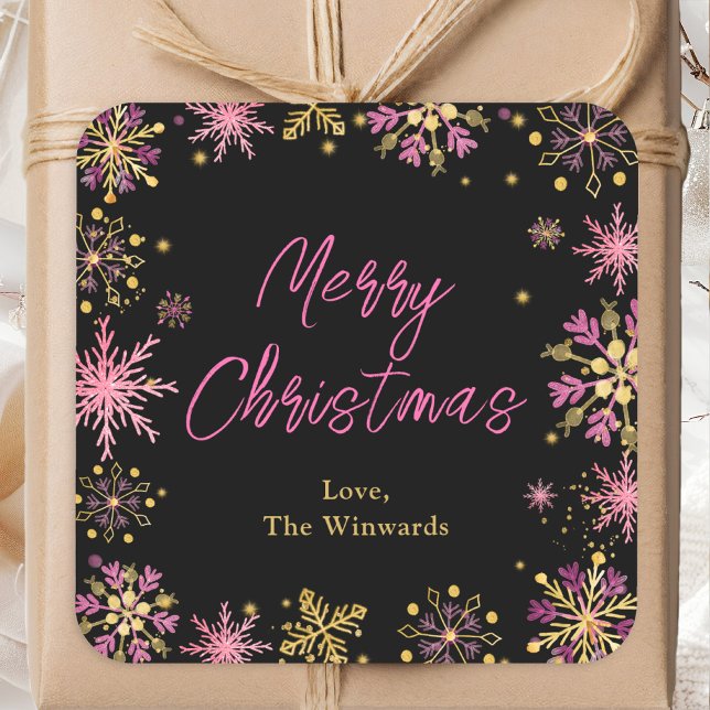 Gold und Rosa Schneeflocken Frohe Weihnachten Quadratischer Aufkleber (Von Creator hochgeladen)