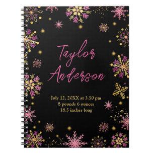 Gold und Rosa Schneeflocken Geburtsstunde Notizblock