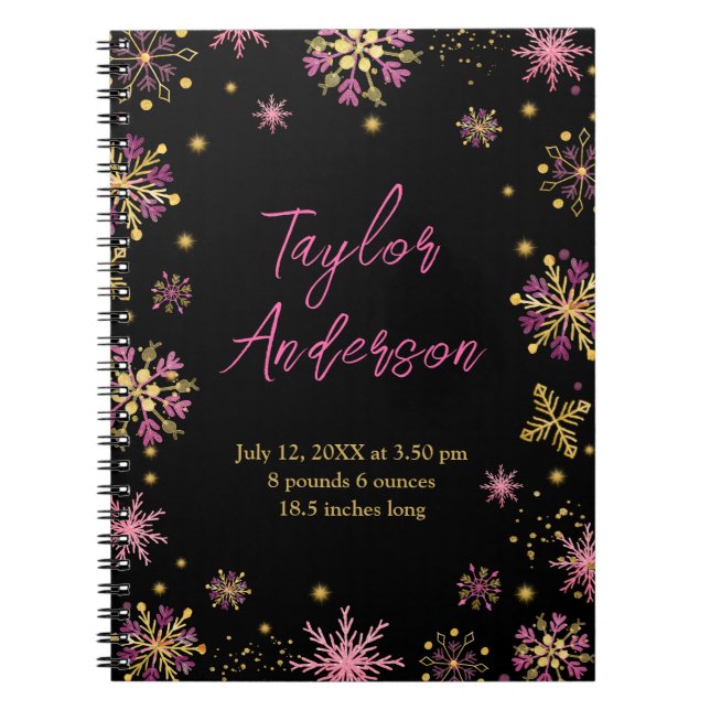 Gold und Rosa Schneeflocken Geburtsstunde Notizblock (Vorderseite)