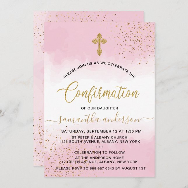Gold- und Rosa-Watercolor-Girl-Bestätigung Einladung (Vorne/Hinten)