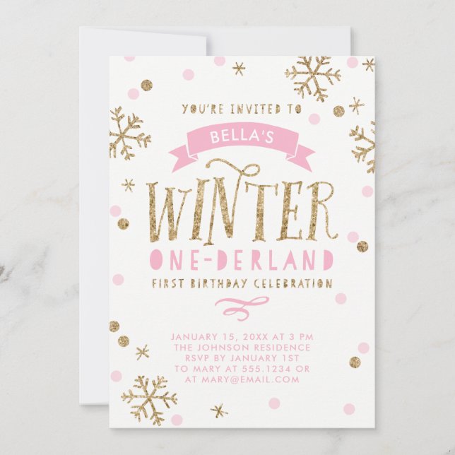 Gold und rosa Winter Onederland erster Geburtstag Einladung (Vorderseite)