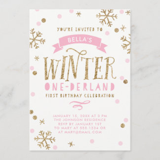 Gold und rosa Winter Onederland erster Geburtstag Einladung