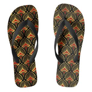 Gold und Rot Art Deco Muster auf schwarz Flip Flops