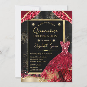 Gold- und Rot-Glitzer-Kleid Quinceanera Einladung