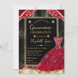 Gold und Rot Glitzer Kleid Quinceanera Einladung